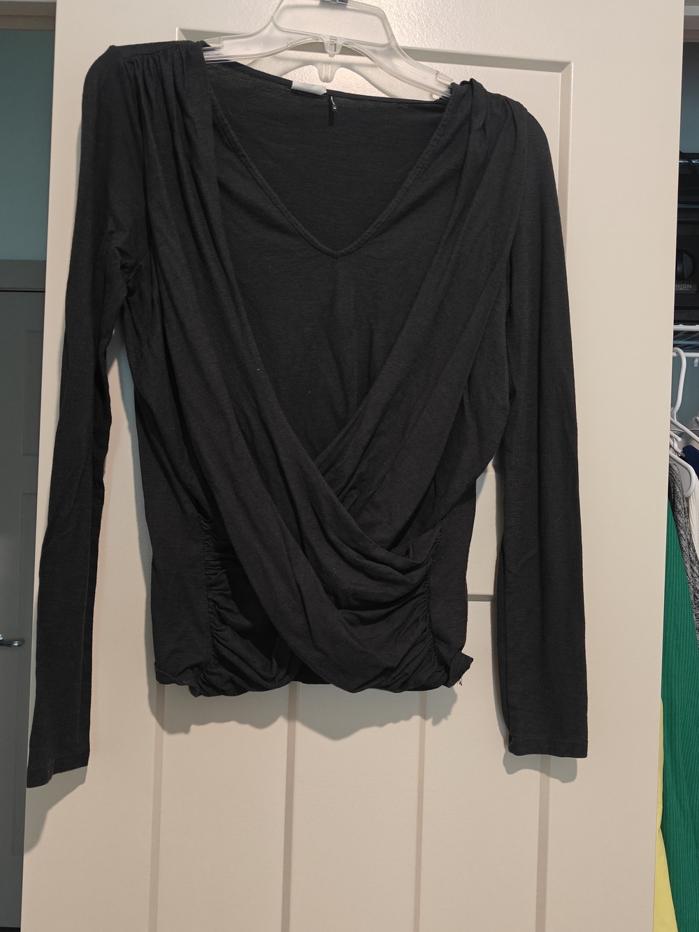 Black Draped V-Neck Long Sleeve Top